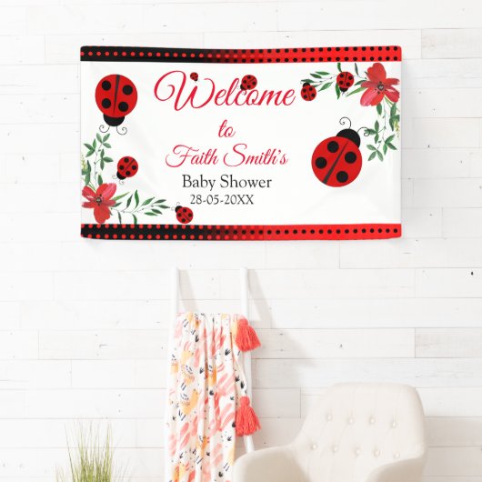 Cute Red en zwarte Ladybugs | Waterverf bloemen Spandoek (Insitu)