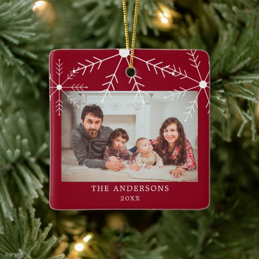 Cute Red Family Foto Snowflakes kerstnaam Keramisch Ornament (Boom)