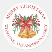 Cute Red Flowers Berries Bell Bow Merry Kerstry Ronde Sticker (Voorkant)