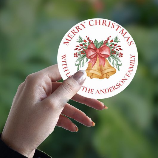 Cute Red Flowers Berries Bell Bow Merry Kerstry Ronde Sticker