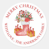 Cute Red Flowers Berries Gift Box Merry Kerstry Ronde Sticker (Voorkant)