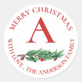 Cute Red Flowers Berries Monogram Merry Kerstry Ronde Sticker (Voorkant)