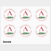 Cute Red Flowers Berries Monogram Merry Kerstry Ronde Sticker (Vel)