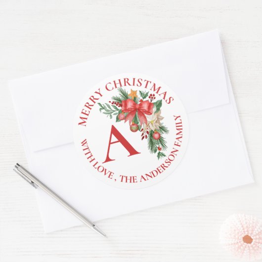 Cute Red Flowers Berries Monogram Merry Kerstry Ronde Sticker (Envelop)