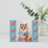 Cute Red Fox Animal Blauwgroen Roos Rozen Briefkaart (Staand voorkant)