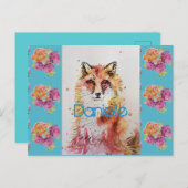 Cute Red Fox Animal Blauwgroen Roos Rozen Briefkaart (Voorkant / Achterkant)