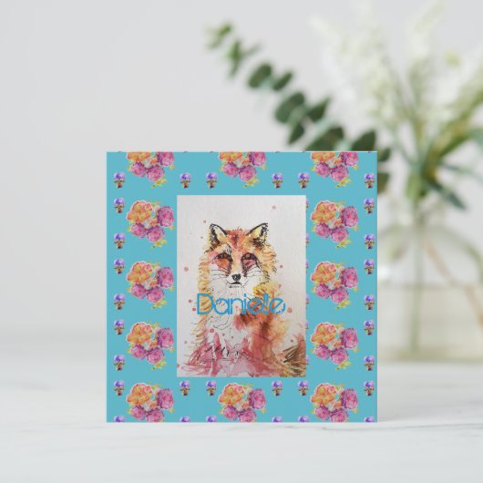Cute Red Fox Animal Blauwgroen Roos Rozen Flat Kaa (Staand voorkant)