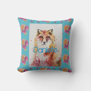 Cute Red Fox Animal Blauwgroen Roos Rozen Kussen