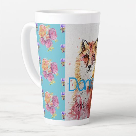 Cute Red Fox Animal Blauwgroen Roos Rozen Latte Mo Latte Mok (Linkerhoek)