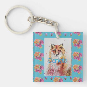 Cute Red Fox Animal Blauwgroen Roos Rozen Sleutelhanger
