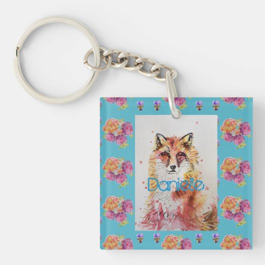 Cute Red Fox Animal Blauwgroen Roos Rozen Sleutelhanger (voorkant)