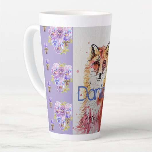 Cute Red Fox Animal Paarse Pansies Latte Mok (Linkerhoek)