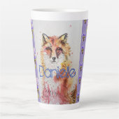 Cute Red Fox Animal Paarse Pansies Latte Mok (Voorkant)