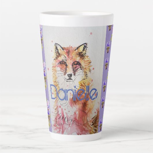 Cute Red Fox Animal Paarse Pansies Latte Mok (Voorkant)