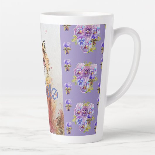 Cute Red Fox Animal Paarse Pansies Latte Mok (Rechts)