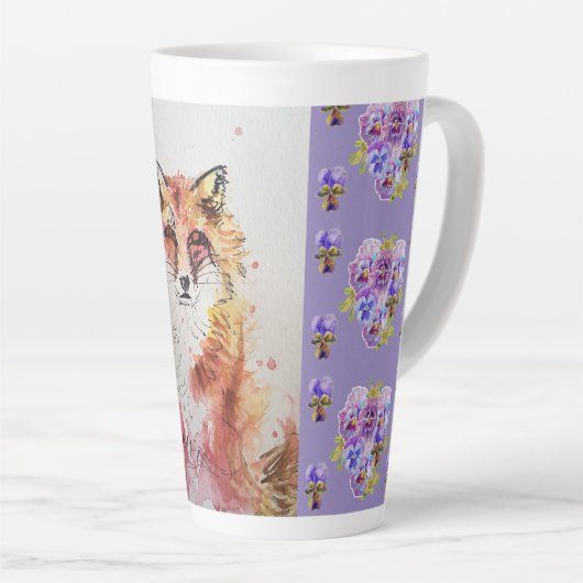 Cute Red Fox Animal Paarse Pansies Latte Mok (Rechterhoek)