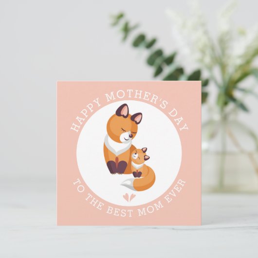 Cute red fox en baby roze perziken Moederdag Feestdagenkaart (Staand voorkant)