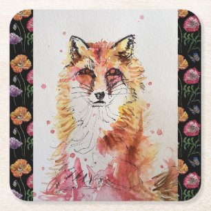 Cute Red Fox en Flowers Drink Coasters Kartonnen Onderzetters