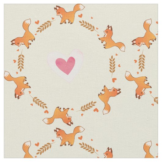 Cute Red Fox en Hearts Wreattern Stof (Close Up)