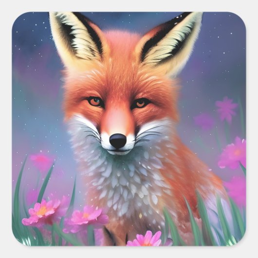 Cute Red Fox Floral Fantasy Art Vierkante Sticker (Voorkant)