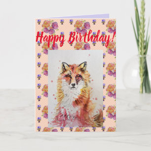 Cute Red Fox Flower Floral Happy Birthday art Kaar Kaart