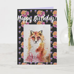 Cute Red Fox Flower Floral Happy Birthday art Kaar Kaart