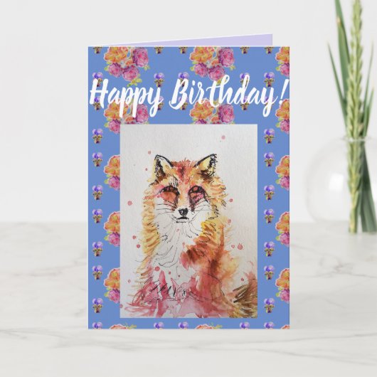 Cute Red Fox Flower Floral Happy Birthday art Kaar Kaart (Voorkant)