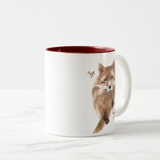 Cute Red Fox Funny voor Foxs Sake Quote Tweekleurige Koffiemok (Voorkant rechts)