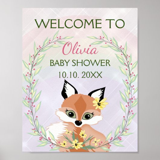Cute red Fox girl baby shower welkom Poster (Voorkant)
