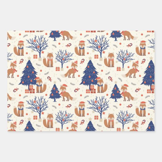 Cute Red Fox in drie kerstpatronen Inpakpapier Vel (Voorkant 2)
