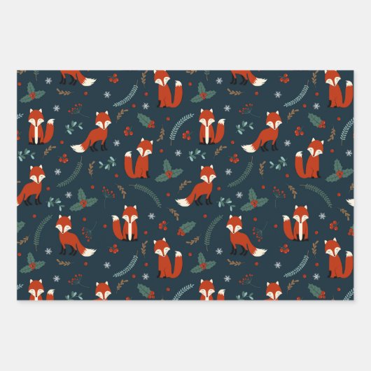 Cute Red Fox in drie kerstpatronen Inpakpapier Vel (Voorkant)