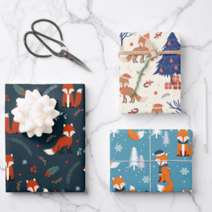 Cute Red Fox in drie kerstpatronen Inpakpapier Vel