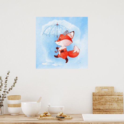 Cute Red Fox met Umbrella Poster (Keuken)