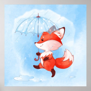 Cute Red Fox met Umbrella Poster