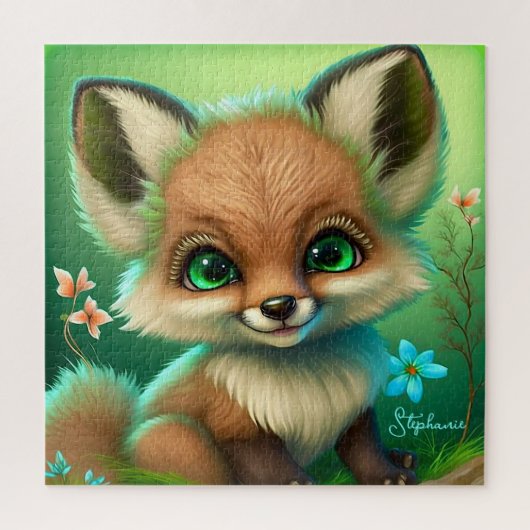 Cute Red Fox Oranje Blue Flower Green Legpuzzel (Verticaal)