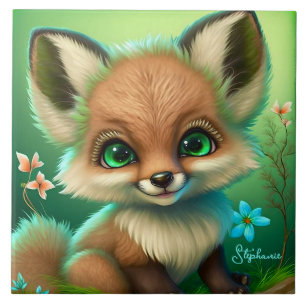 Cute Red Fox Oranje Blue Flower Green Tegeltje