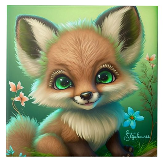 Cute Red Fox Oranje Blue Flower Green Tegeltje (Voorkant)