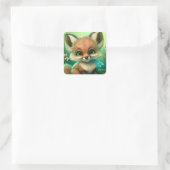 Cute Red Fox Oranje Blue Flower Vierkante Sticker (Tas)