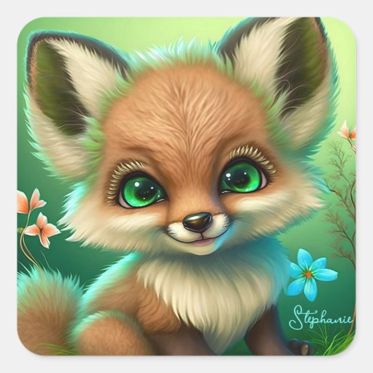 Cute Red Fox Oranje Blue Flower Vierkante Sticker (Voorkant)