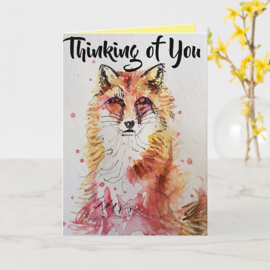 Cute Red Fox Thinking of You Waterverf Kaart (Gele Bloem)
