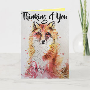 Cute Red Fox Thinking of You Waterverf Kaart