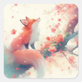 Cute Red Fox Under Pink Cherry Blossom Tree Vierkante Sticker (Voorkant)