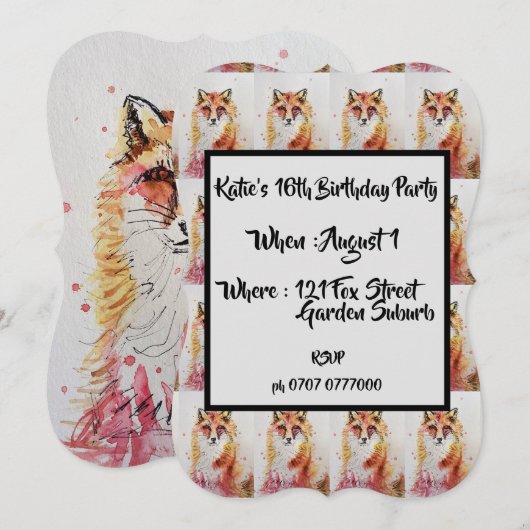 Cute Red Fox Waterverf 16e verjaardag Uitnodiging (Voorkant / Achterkant)