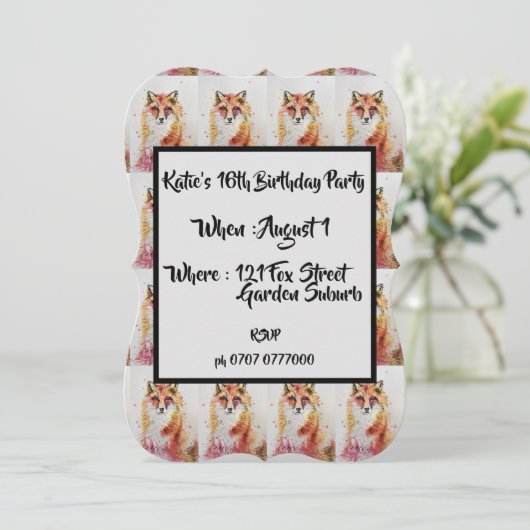 Cute Red Fox Waterverf 16e verjaardag Uitnodiging (Staand voorkant)