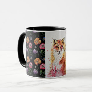 Cute Red Fox Waterverf Painting Mok Black