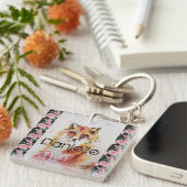 Cute Red Fox Waterverf Pink Rose Girls Sleutelhanger (Voorkant Rechts)