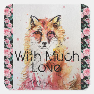 Cute Red Fox Waterverf Pink Rose Girls Vierkante Sticker