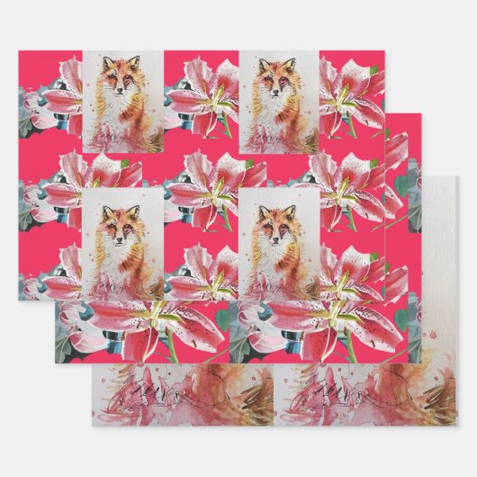 Cute Red Fox Waterverf Red Lily Floral Art Inpakpapier Vel (Set)