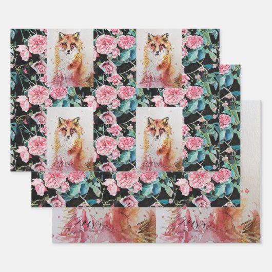 Cute Red Fox Waterverf Roos Woodland Animal Art Inpakpapier Vel (Set)