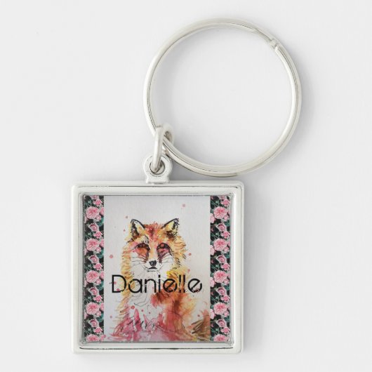Cute Red Fox Waterverf Roze Rose Girls Ke Sleutelhanger (Voorkant)